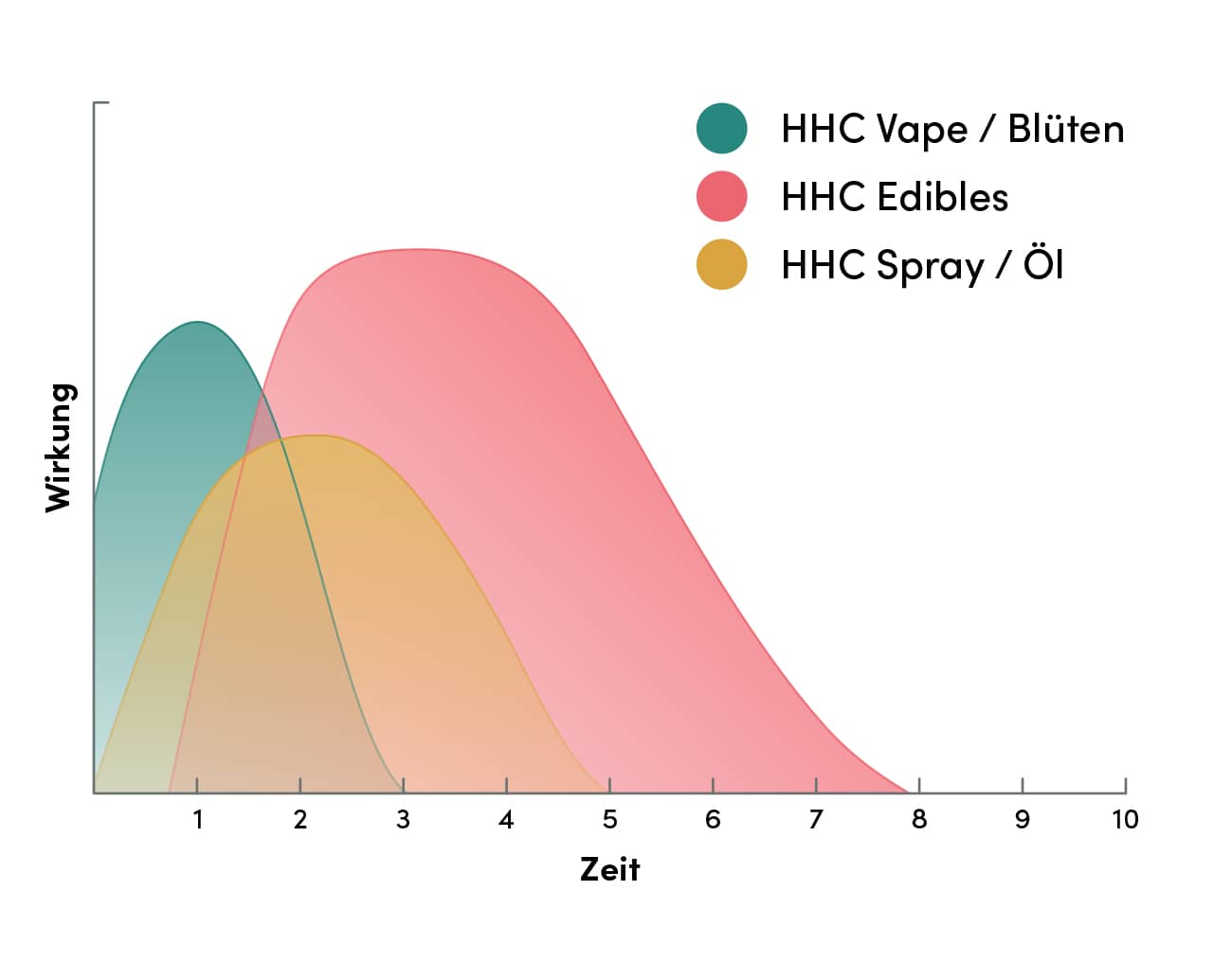 Grafik zur Veranschaulichung von HHC Wirkeintritt und HHC Wirkdauer. Die x-Achse zeigt die Zeit in Stunden, während die y-Achse die Intensität der Wirkung darstellt. Drei Kurven repräsentieren unterschiedliche HHC-Produkte: HHC Vape und Blüten, HHC Edibles sowie HHC Spray und HHC Öl. Die Kurven illustrieren den unterschiedlichen Beginn und die Dauer der HHC Wirkung für jedes Produkt, mit variierenden Anstiegen und Abflachungen, die aufzeigen, wie schnell und wie lange die Effekte anhalten.