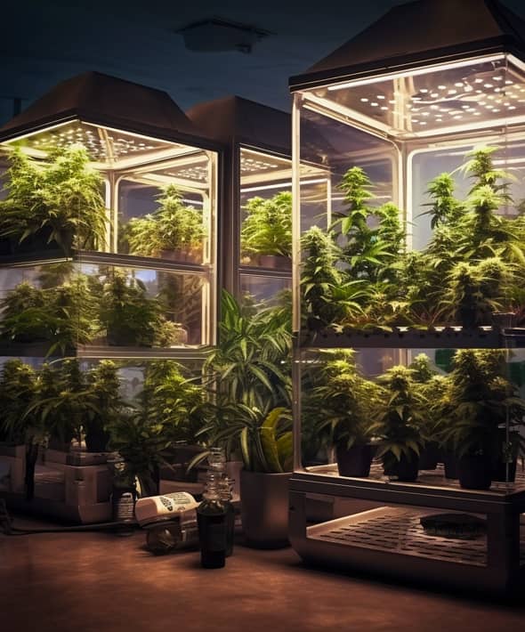 Verschiedene Ausführungen von Mini Gewächshäusern indoor für spezifische Anbauarten von Cannabis
