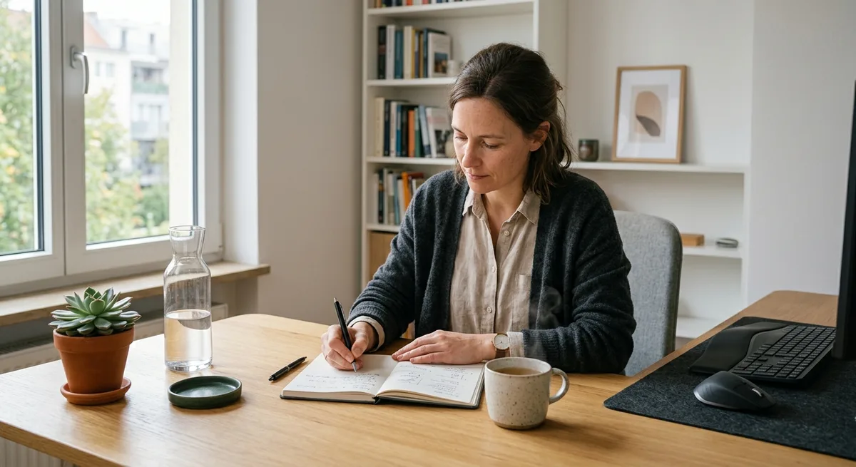 Person sitzt entspannt an einem hellen Schreibtisch mit Notizbuch und Tasse, Morgenlicht fällt durchs Fenster