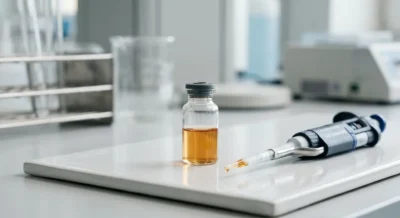 Präzisionspipette und kleines Glasfläschchen auf weißer Laborfläche in Nahaufnahme