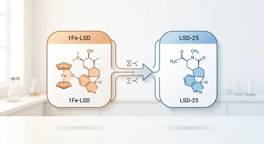 Illustration des Prodrug-Mechanismus: 1Fe-LSD wird im Koerper zu LSD-25 umgewandelt