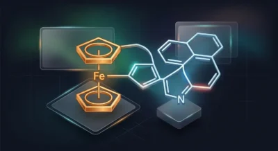 3D-Molekülstruktur von 1Fe-LSD mit Ferrocen-Einheit und Indol-Grundgerüst als wissenschaftliche Illustration