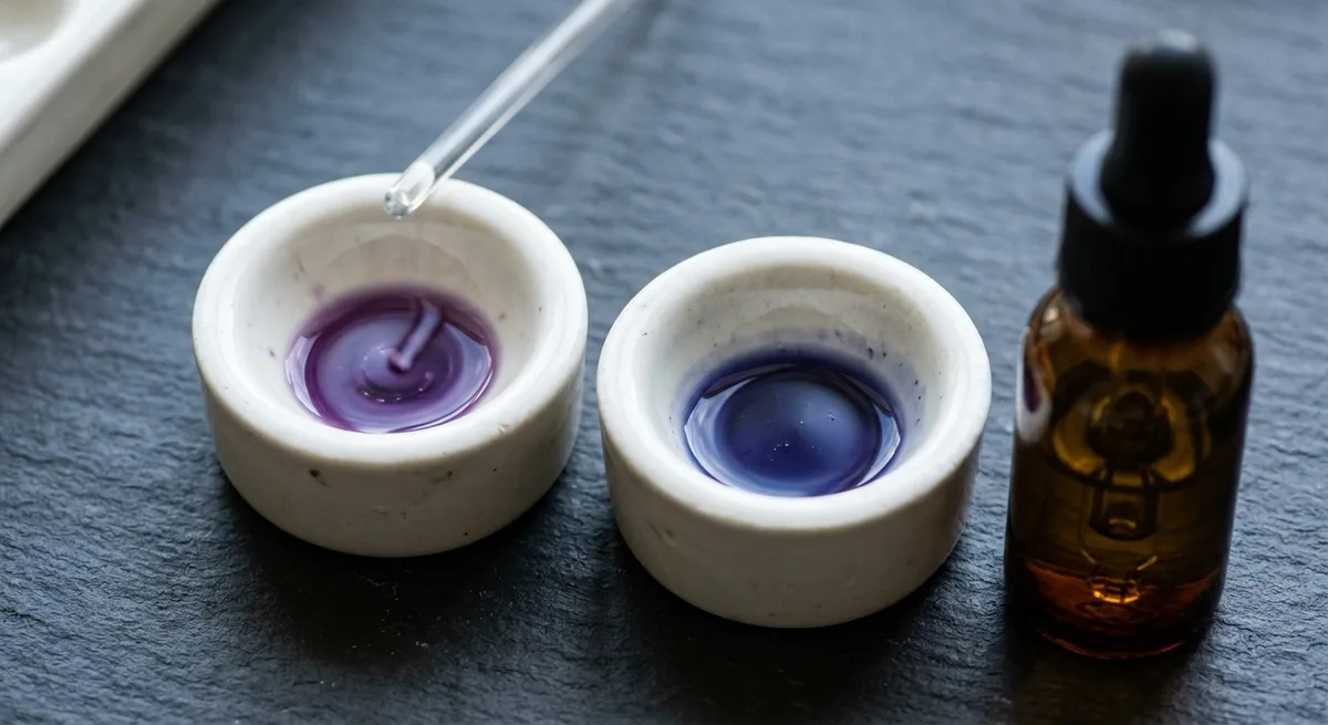 Zwei Reagent-Test-Wells mit violetter Ehrlich-Farbreaktion auf einer dunklen Schieferoberfläche