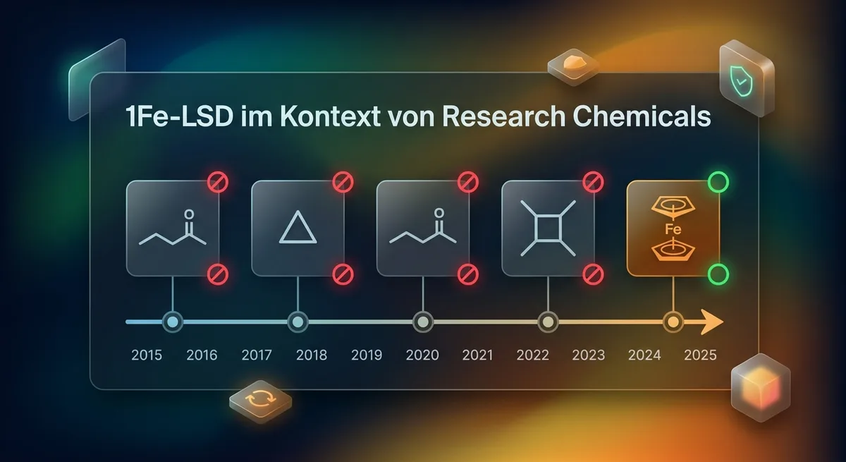 Zeitstrahl der LSD-Analoga-Entwicklung von 1P-LSD bis 1Fe-LSD mit Verbotsstatus-Markierungen