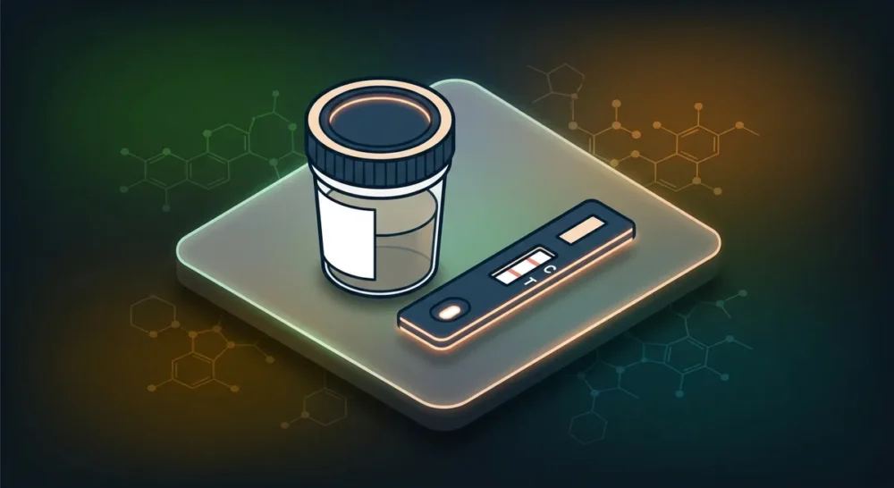 Laborglasgefäß mit Urinprobe neben negativem Drogenschnelltest und molekularer Strukturformel