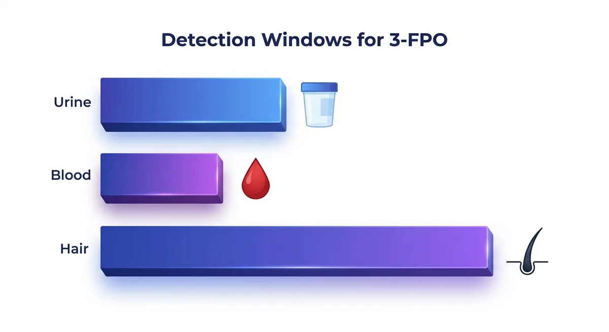 Zeitstrahl-Diagramm mit drei Balken für Nachweisfenster in Urin, Blut und Haarprobe