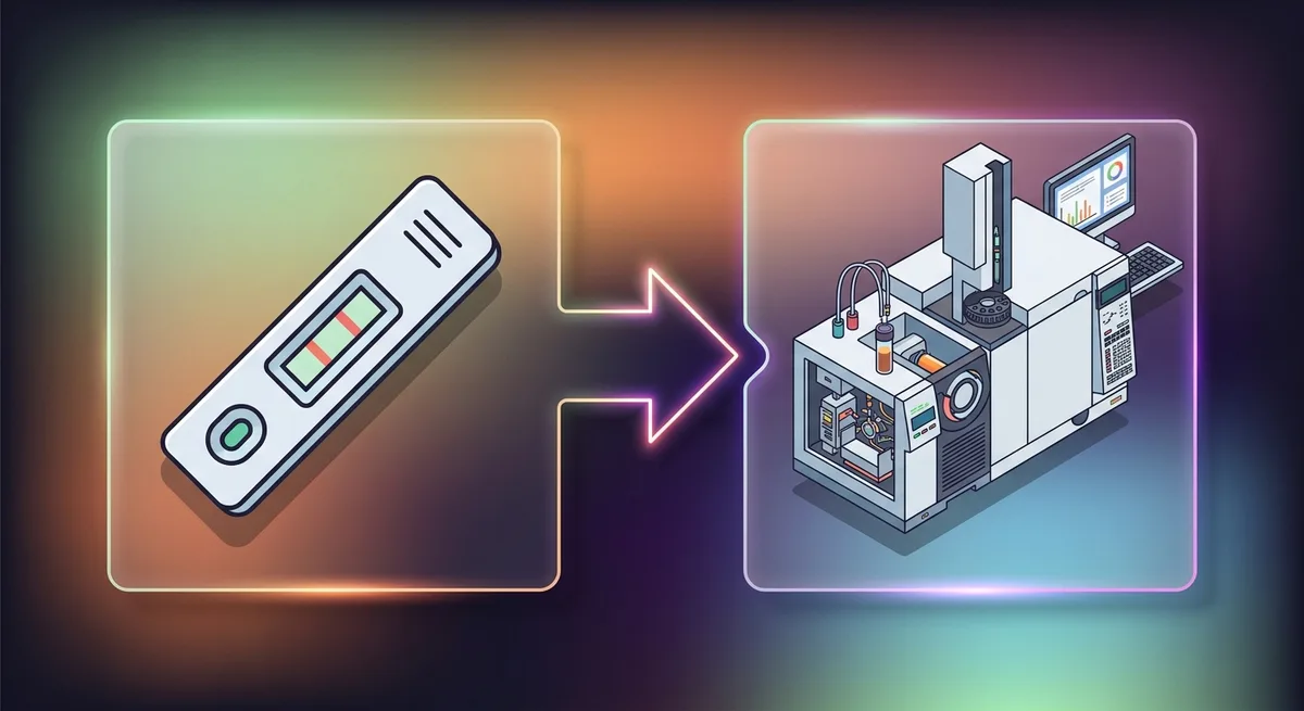 Vergleich zwischen einfachem Urin-Schnelltest links und professionellem GC-MS Laborgerät rechts