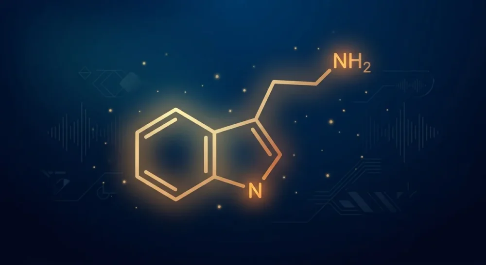 Leuchtende Tryptamin-Molekülstruktur mit Indolring als wissenschaftliche Illustration auf dunklem Hintergrund