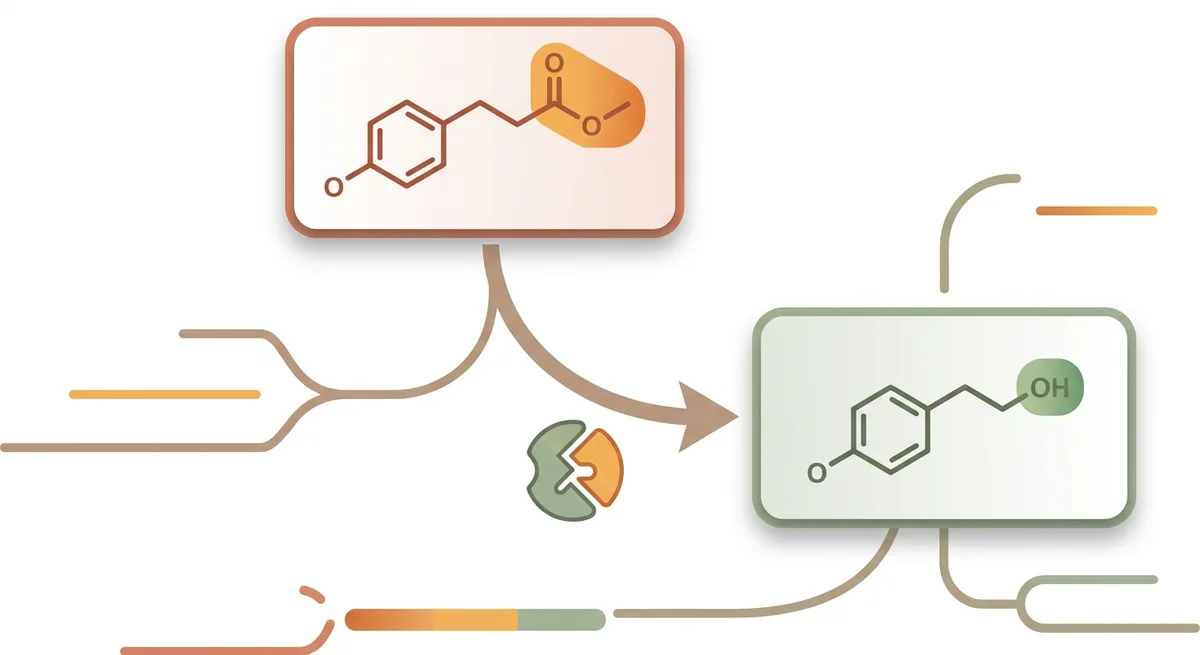 Diagram zeigt die enzymatische Umwandlung eines Prodrugs in seinen aktiven Metaboliten mit zwei Molekülsilhouetten
