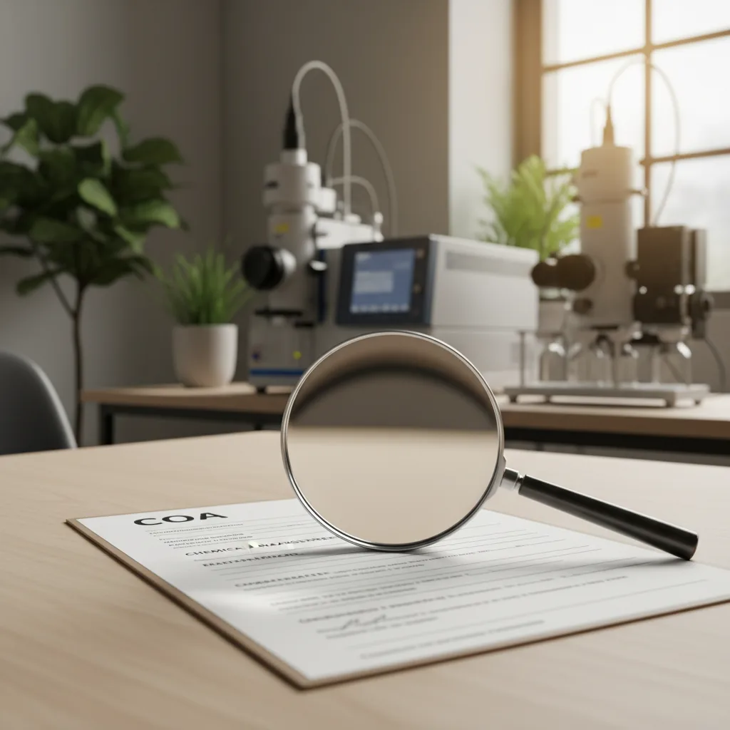 Analysezertifikat COA mit Laborausrüstung und Lupe zur Qualitätsprüfung