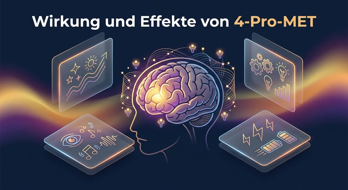 Menschliches Gehirn im Profil mit leuchtendem präfrontalem Kortex und aktiven Serotonin-Rezeptorverbindungen