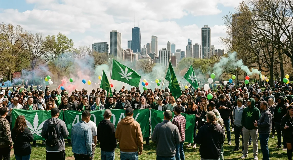 Große Menschenmenge mit grünen Fahnen und Cannabissymbolen in einem Stadtpark bei Sonnenschein