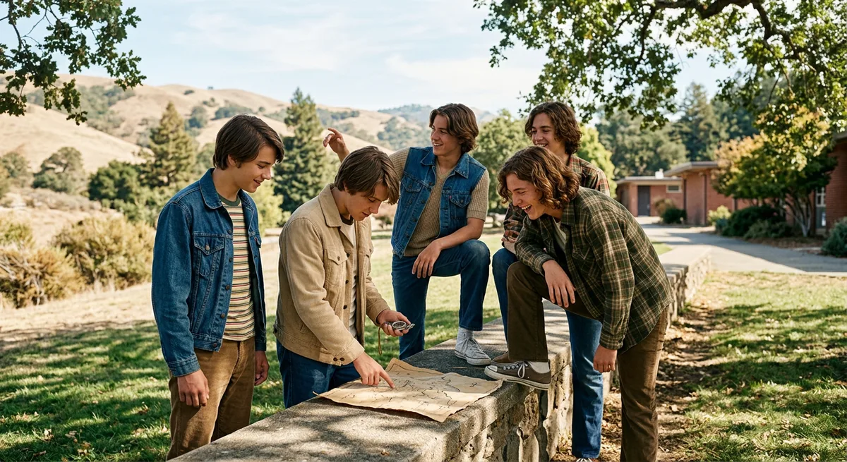 Gruppe junger Männer in 1970er-Kleidung an einer Steinmauer mit einer Karte in der Hand