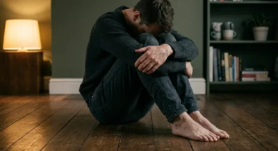 Person sitzt auf dem Boden, Hände flach aufgestützt, Augen geschlossen, ruhige gedämpfte Umgebung