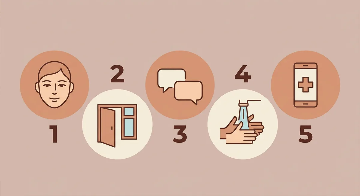Fünf illustrierte Prozessschritte als Symbole: ruhiges Gesicht, Tür, Sprechblasen, Wasser, Telefon