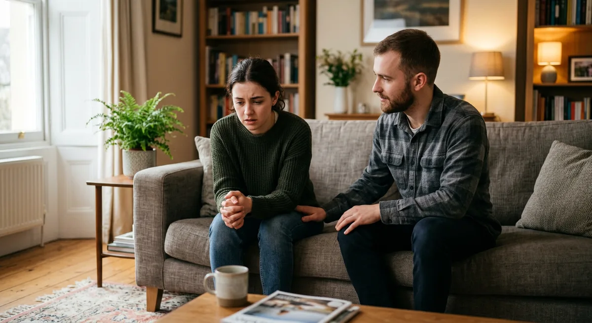 Zwei Personen sitzen auf einem Sofa, eine ruhig und aufmerksam zugewandt, die andere sichtlich angespannt