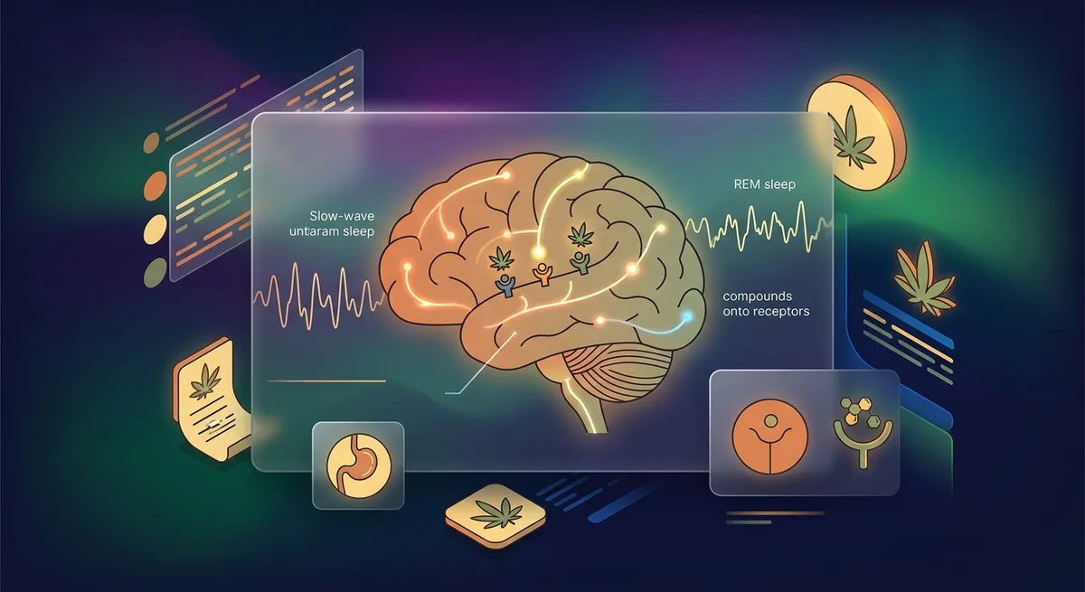 Illustration eines Gehirns mit leuchtenden Cannabinoid-Rezeptoren und Schlafwellen-Muster im Hintergrund