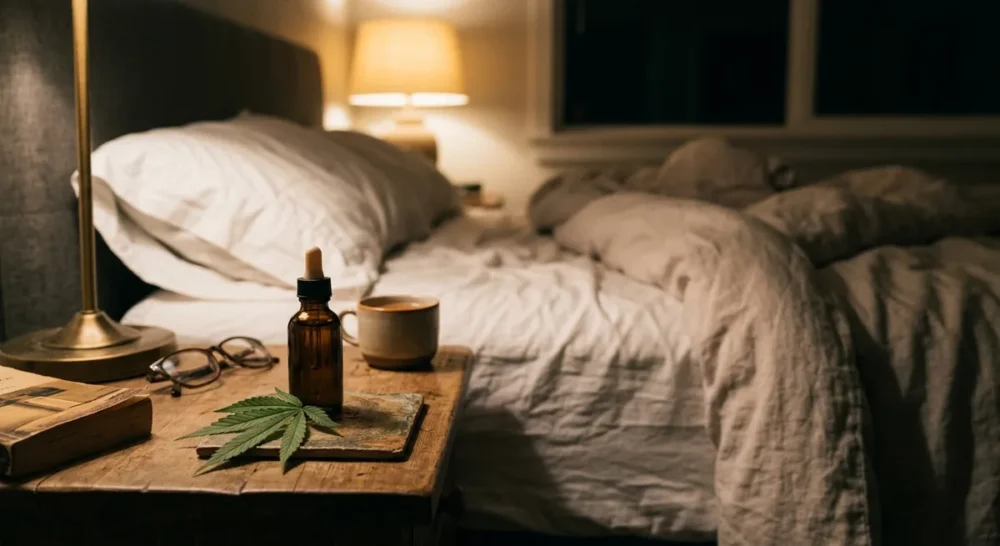 Person schläft entspannt im Bett, auf dem Nachttisch liegt ein Cannabisblatt neben einem CBD-Öl-Fläschchen