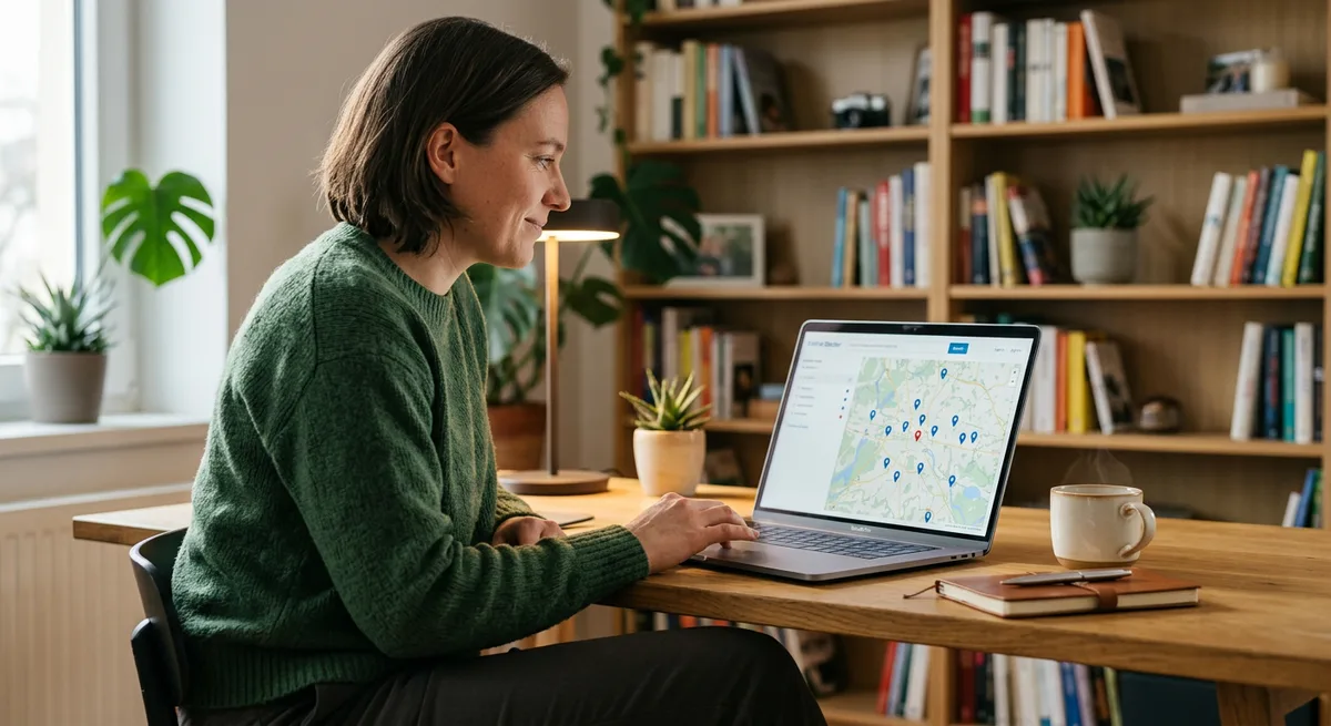 Person sucht am Laptop nach einem Cannabis-Arzt mit Standortkarte auf dem Bildschirm