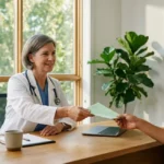 Arzt übergibt Patient ein Rezept am Schreibtisch in moderner Arztpraxis