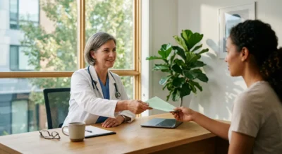 Arzt übergibt Patient ein Rezept am Schreibtisch in moderner Arztpraxis