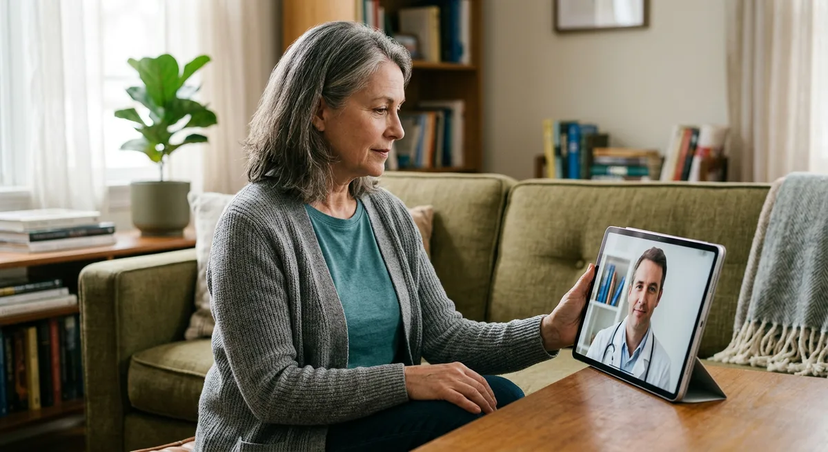 Patient führt Videosprechstunde mit Arzt auf Tablet von zu Hause durch