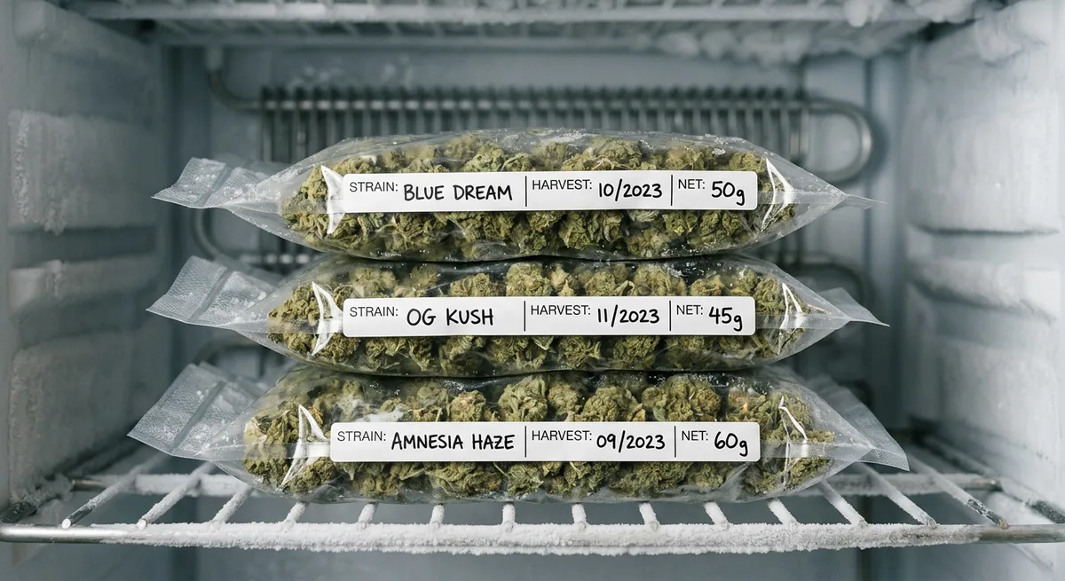 Beschriftete Cannabis-Vakuumbeutel flach im Gefrierfach gestapelt