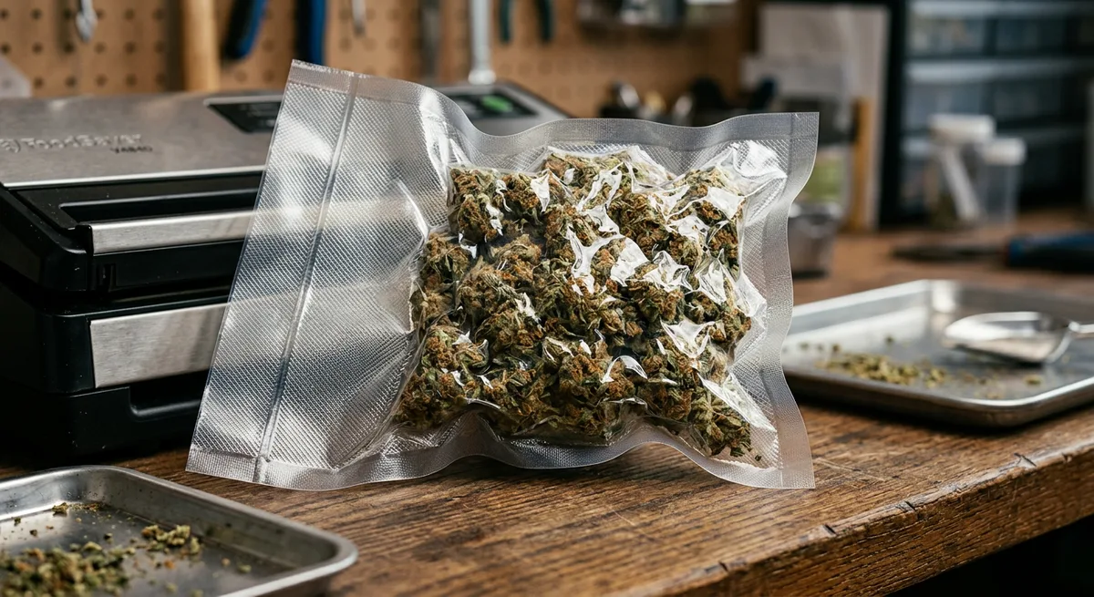 Cannabis-Blüten werden in einem Vakuumbeutel luftdicht verschlossen