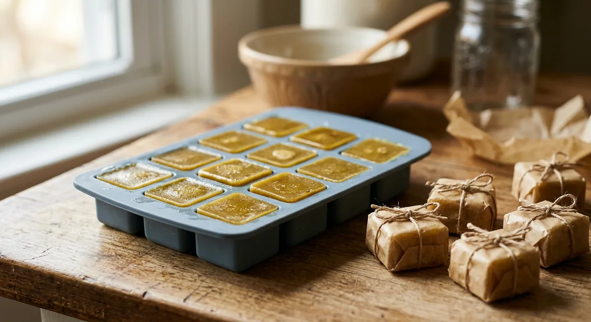 Portionierte Cannabutter in Silikonform und in Backpapier gewickelte Wuerfel auf Holzuntergrund