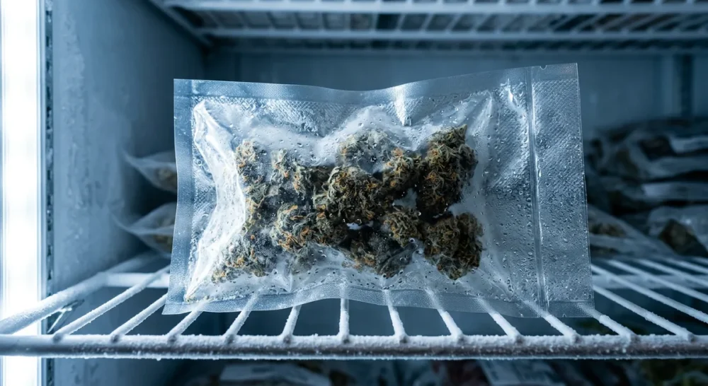 Vakuumversiegelte Cannabis-Blüten in einem Gefrierfach auf bereifter Ablage