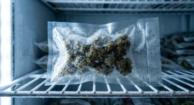 Vakuumversiegelte Cannabis-Blüten in einem Gefrierfach auf bereifter Ablage