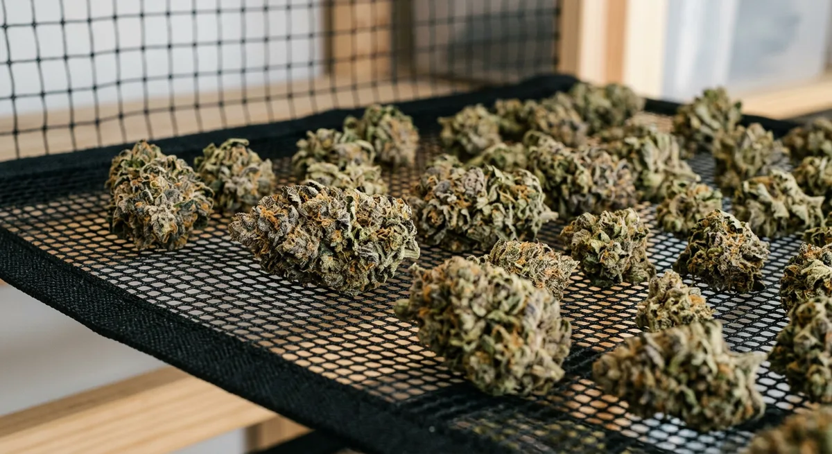 Getrocknete Cannabis-Blüten auf einem Trocknungsnetz, bereit zum Einfrieren