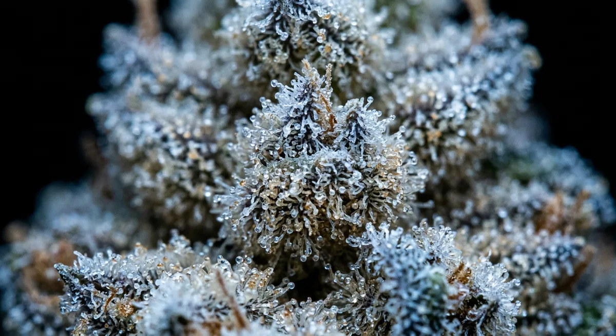 Extreme Makroaufnahme von Cannabis-Trichomen, kristallartige Druesenkoepfe auf einer Bluete