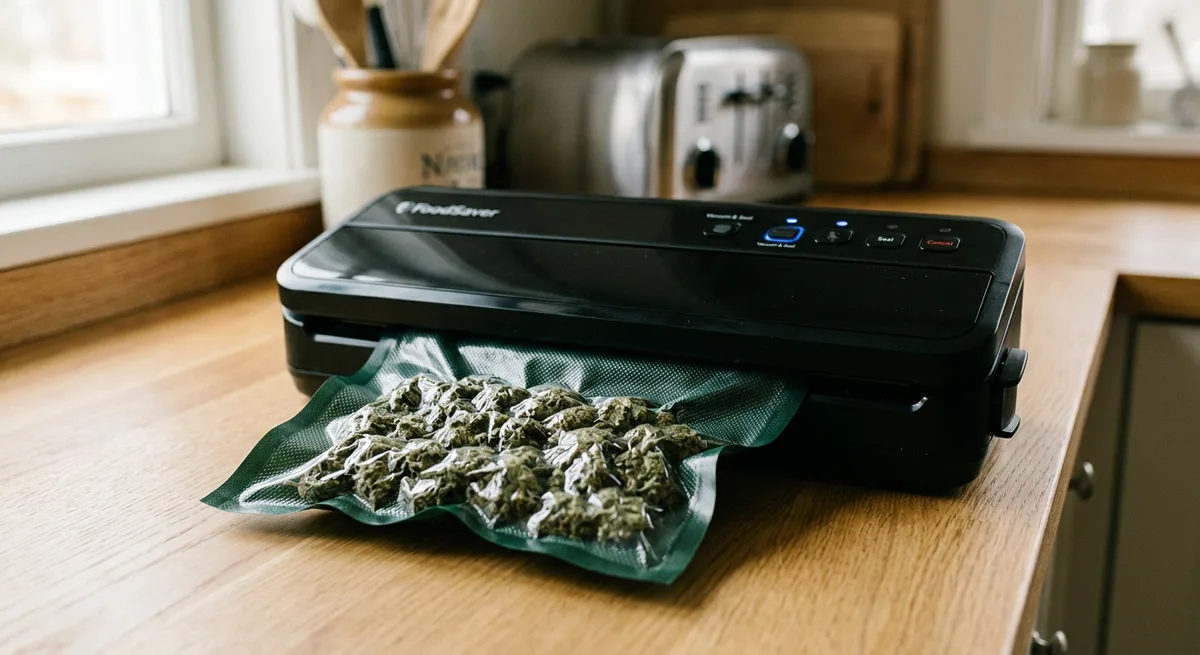 Vakuumiergeraet verschliesst luftdicht einen dunklen Beutel mit Cannabis-Blueten auf Kuechenarbeitsplatte