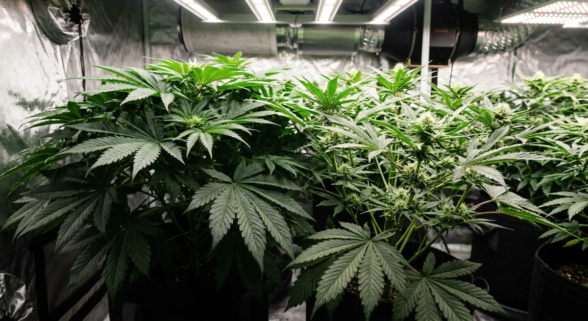 Vogelperspektive auf Cannabispflanzen-Canopy: links dichte Fächerblätter verschatten Buds, rechts bereits ausgedünnter Bereich