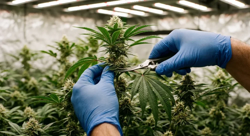 Behandschuhte Hände schneiden mit Schere ein großes Fächerblatt von einer Cannabis-Indoor-Pflanze ab