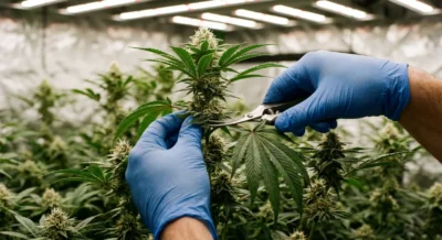 Behandschuhte Hände schneiden mit Schere ein großes Fächerblatt von einer Cannabis-Indoor-Pflanze ab