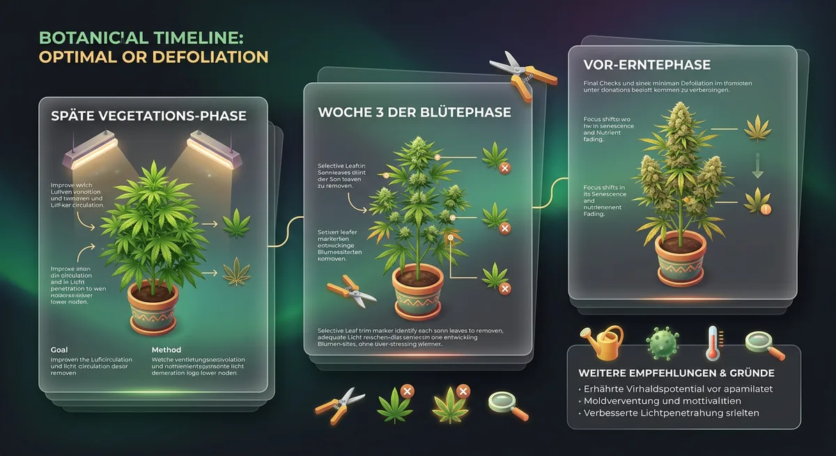Illustrierter Zeitstrahl zeigt Cannabispflanze in Vegi-Phase, dritter Blütewoche und kurz vor Ernte mit Entlaubungsmarkierungen