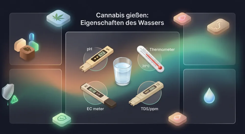 pH-Messgerät, EC-Meter, Thermometer und TDS-Gerät nebeneinander auf weißem Untergrund