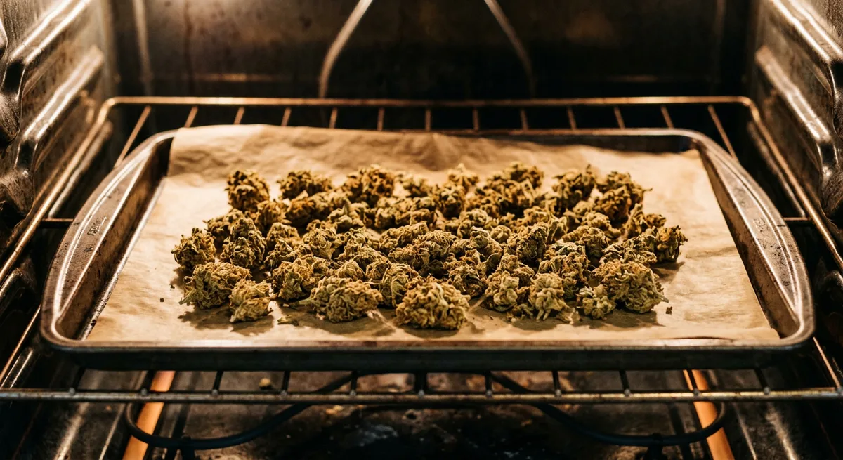Getrocknete Cannabisblüten gleichmäßig auf mit Backpapier ausgelegtem Blech im Ofen verteilt, goldbraun geröstet