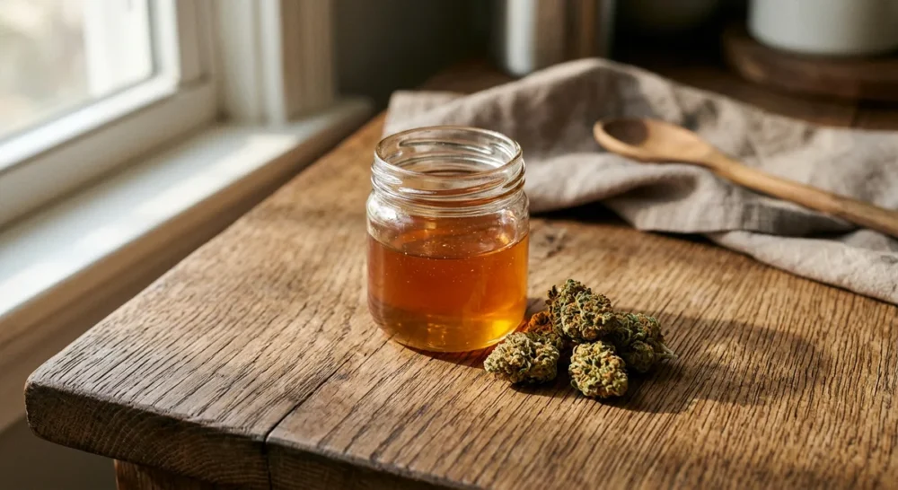 Kleines Glasgefäß mit goldenem Cannabis-Honig neben getrockneten Cannabisblüten auf Holzuntergrund