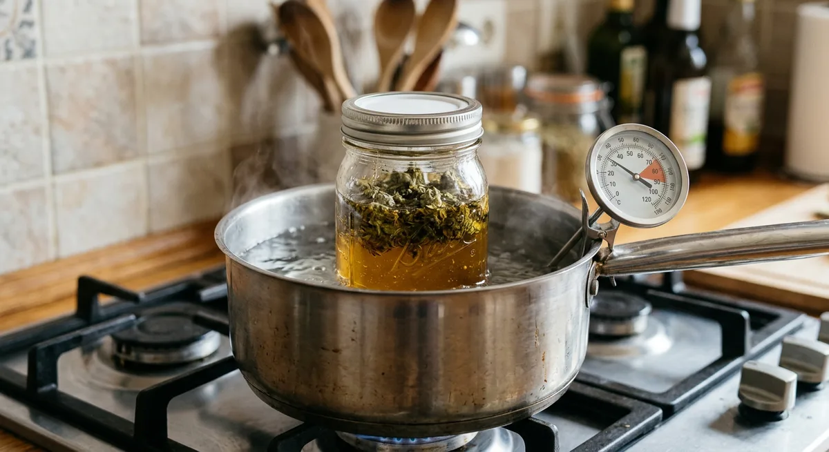 Einmachglas mit Cannabis-Honig-Mischung im Wasserbad auf dem Herd, Thermometer zeigt etwa 80 Grad
