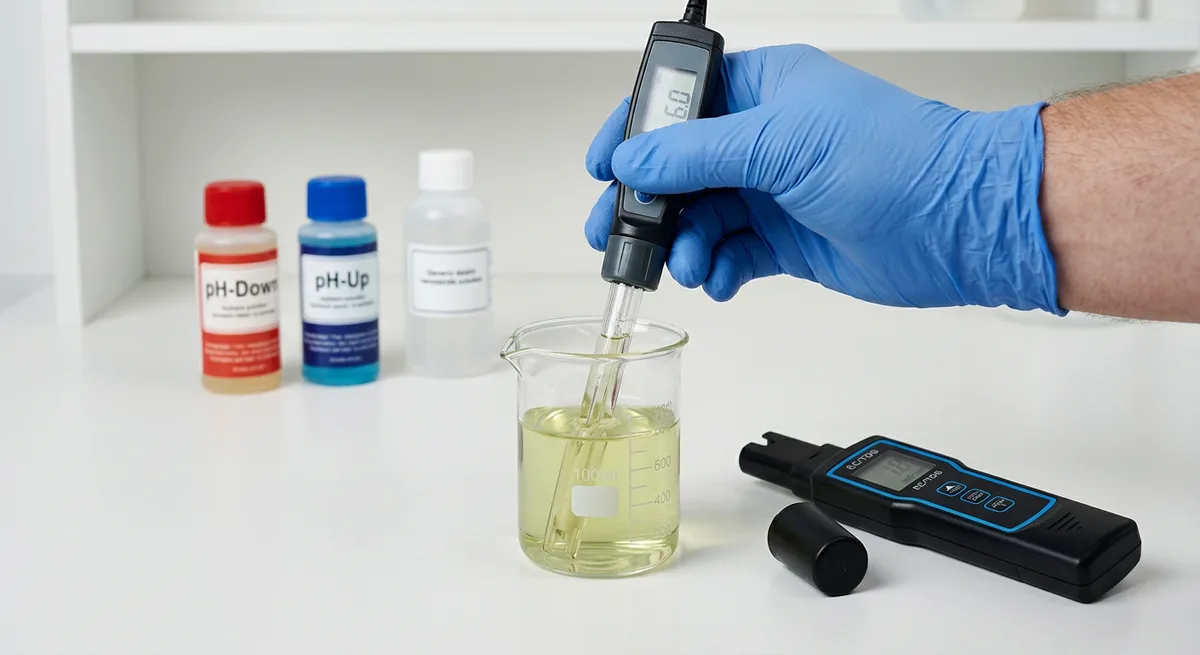 Hand taucht digitales pH-Messgerät in Nährstofflösung, EC-Meter und pH-Korrekturflasche daneben