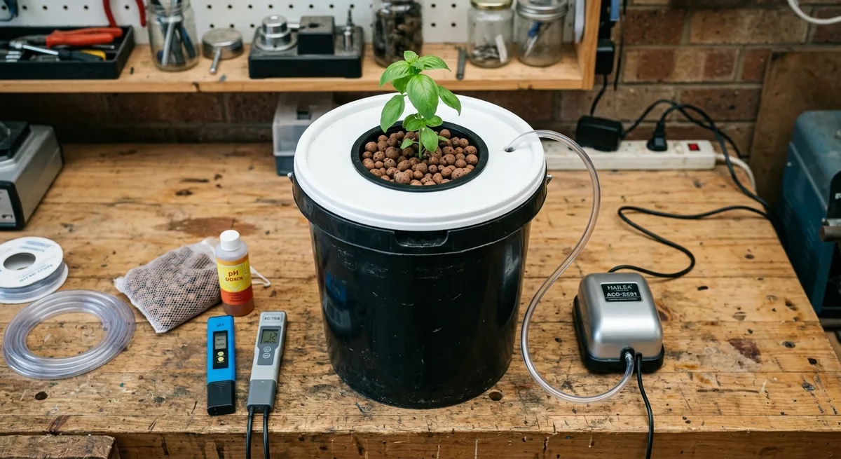 DIY-DWC-Set mit schwarzem Eimer, Netztopf, Luftpumpe, Luftschlauch, Blähton und Messgeräten auf einer Werkbank