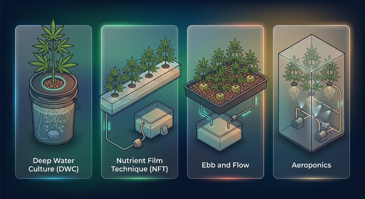 Illustration von vier Hydroponik-Systemen: DWC-Eimer, NFT-Rinne, Ebbe-&-Flut-Tisch und Aeroponik-Kammer