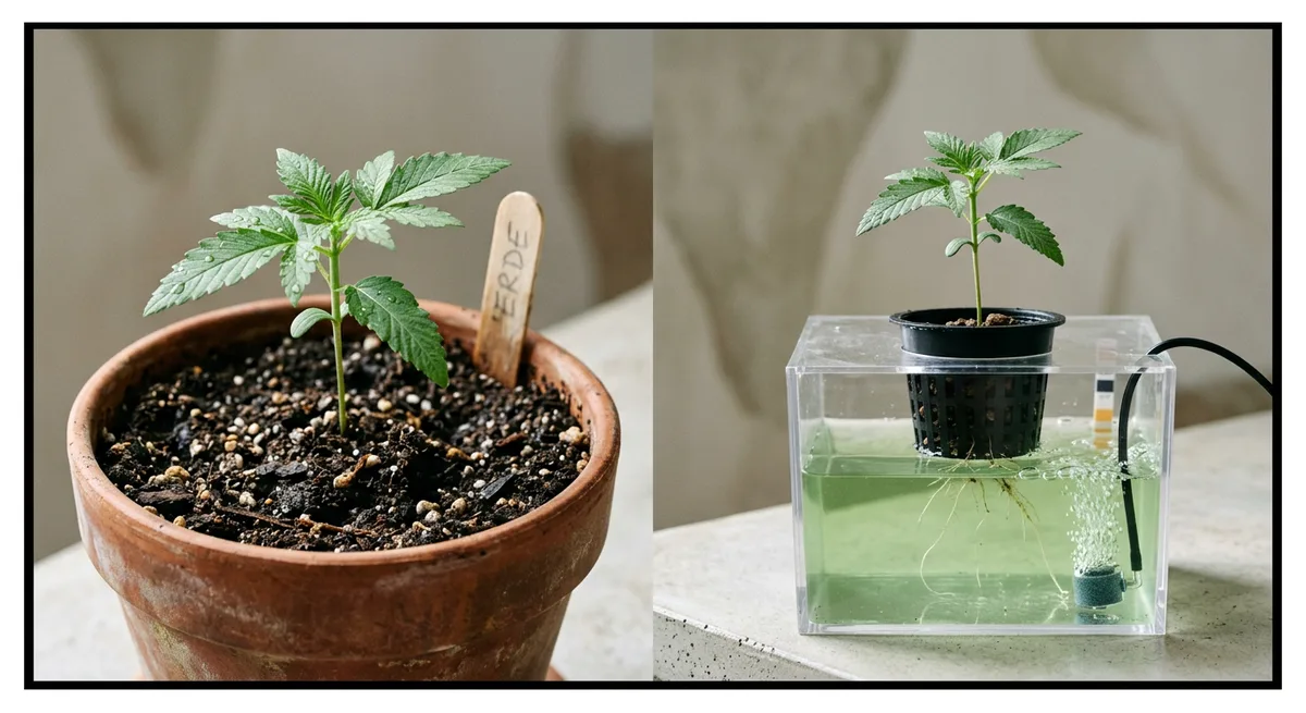 Zwei Cannabispflanzen im direkten Vergleich: links in Erde, rechts in einem Hydroponik-Netztopf