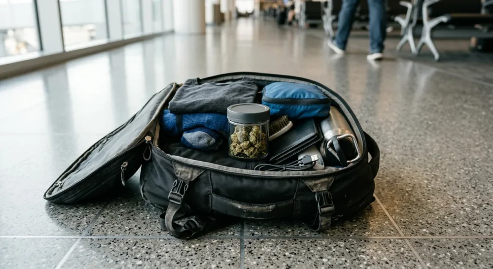 Geöffnetes Reisegepäck mit geruchsdichtem Behälter auf Flughafenboden von oben fotografiert