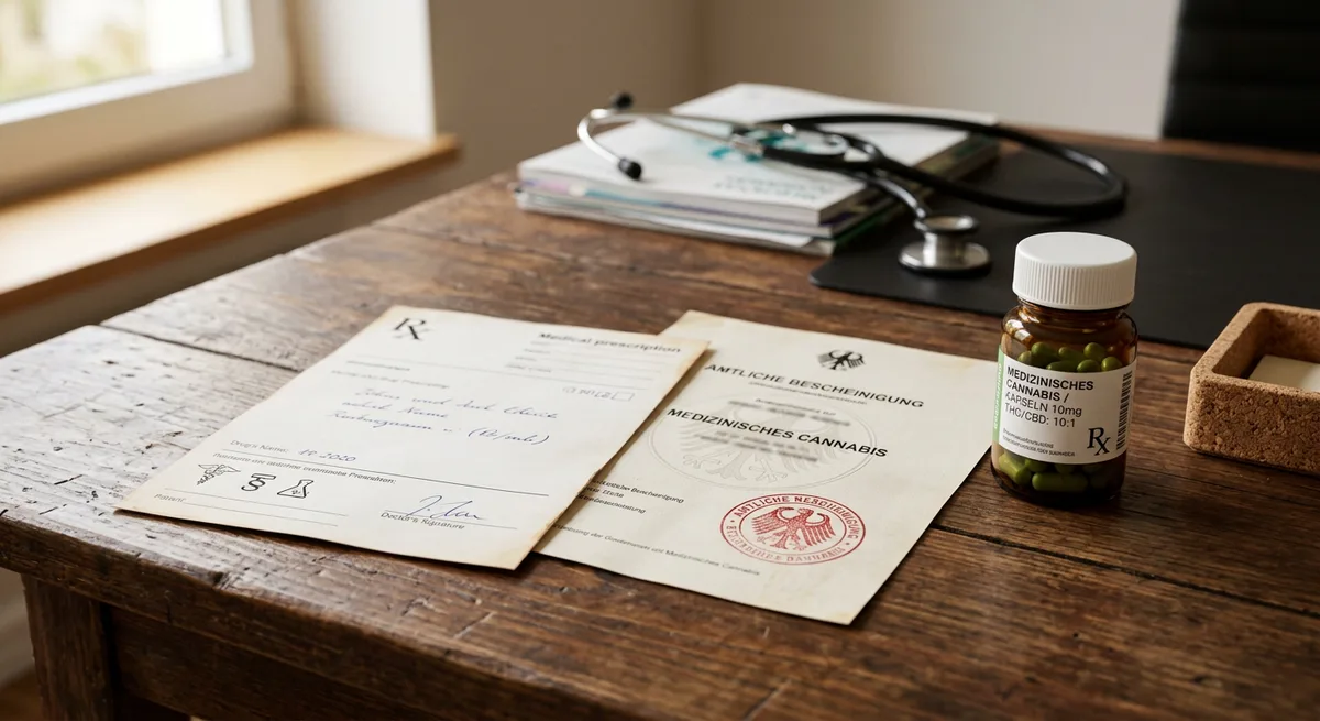 Ärztliches Rezept und behördliche Bescheinigung neben einer Medikamentenflasche mit Cannabis auf einem Schreibtisch