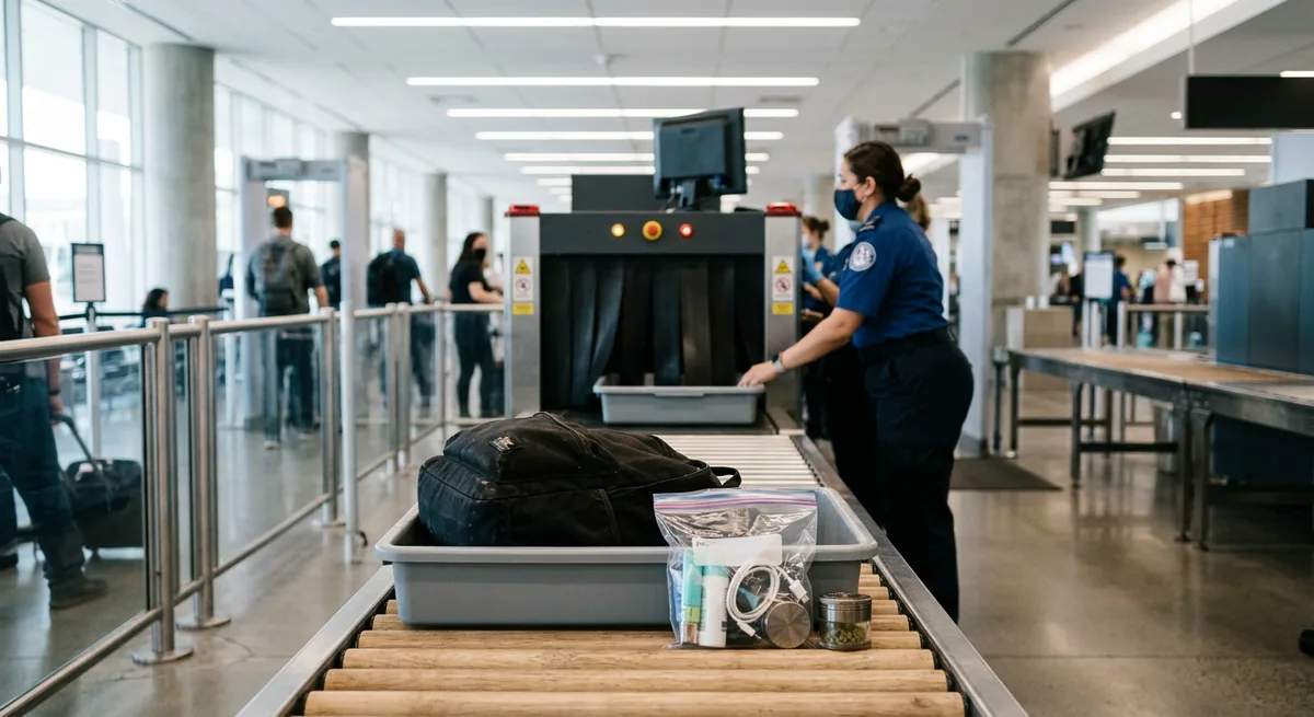Sicherheitskontrolle am Flughafen mit Gepäck auf dem Röntgenband und Sicherheitspersonal