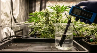 Digitales pH-Meter neben einer gesunden Cannabispflanze im Indoor-Grow